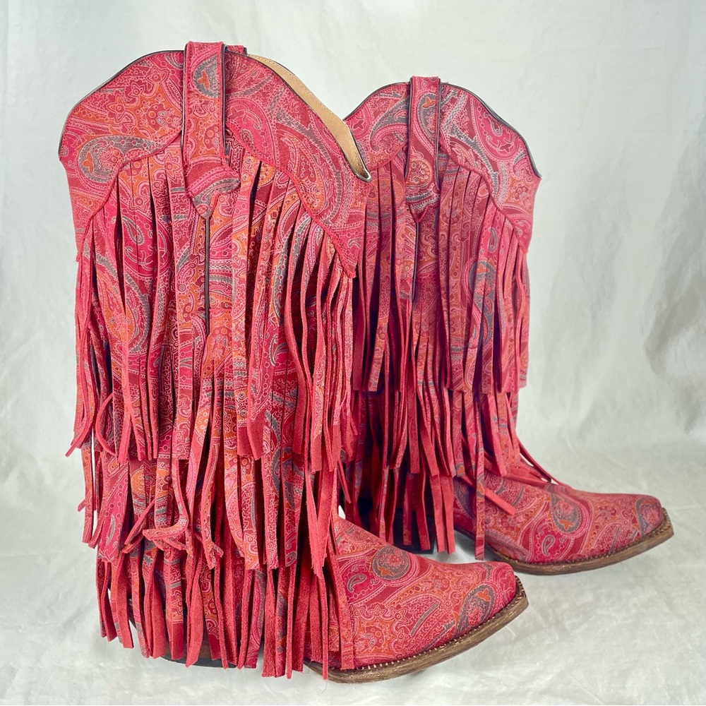 Tanner Mark Red Fringe Paisley Cowgirl Boots Size 9.5